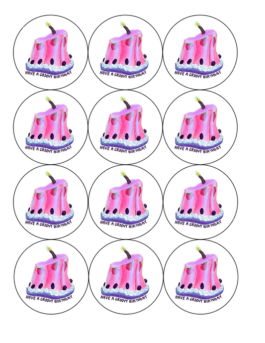 Set of 12 "Have a Groovy Birthday" Retro Jello Mold pre cut edible image discs for desserts, drink toppers, choose your size