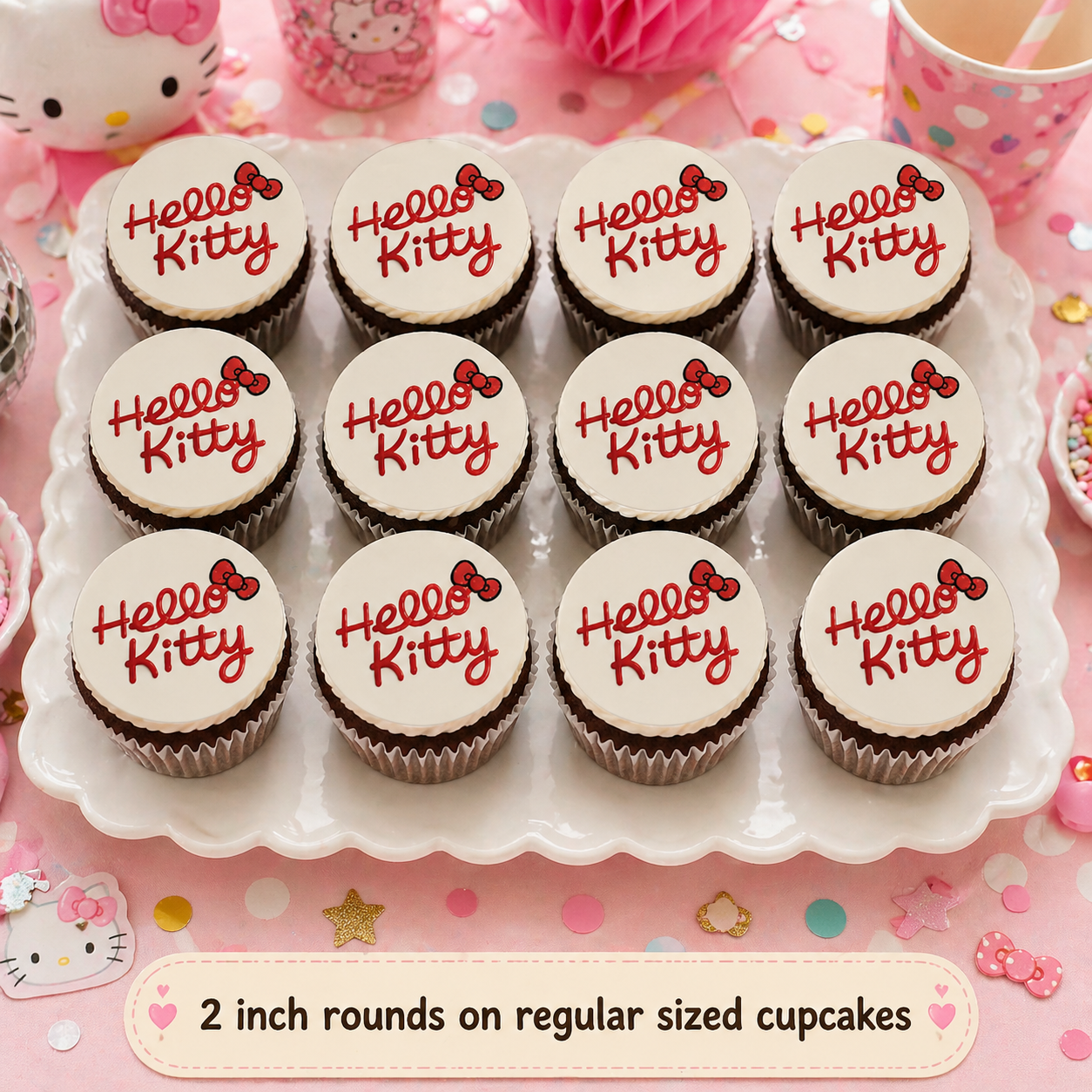 Set of 12 Hello Kitty edible images rounds for desserts, pre cut, many sizes available