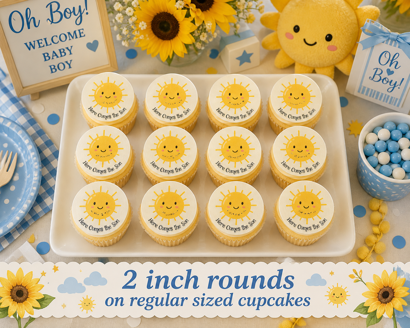 Set of 12 Here Comes the Son Baby Shower edible images rounds for desserts, pre cut, many sizes available