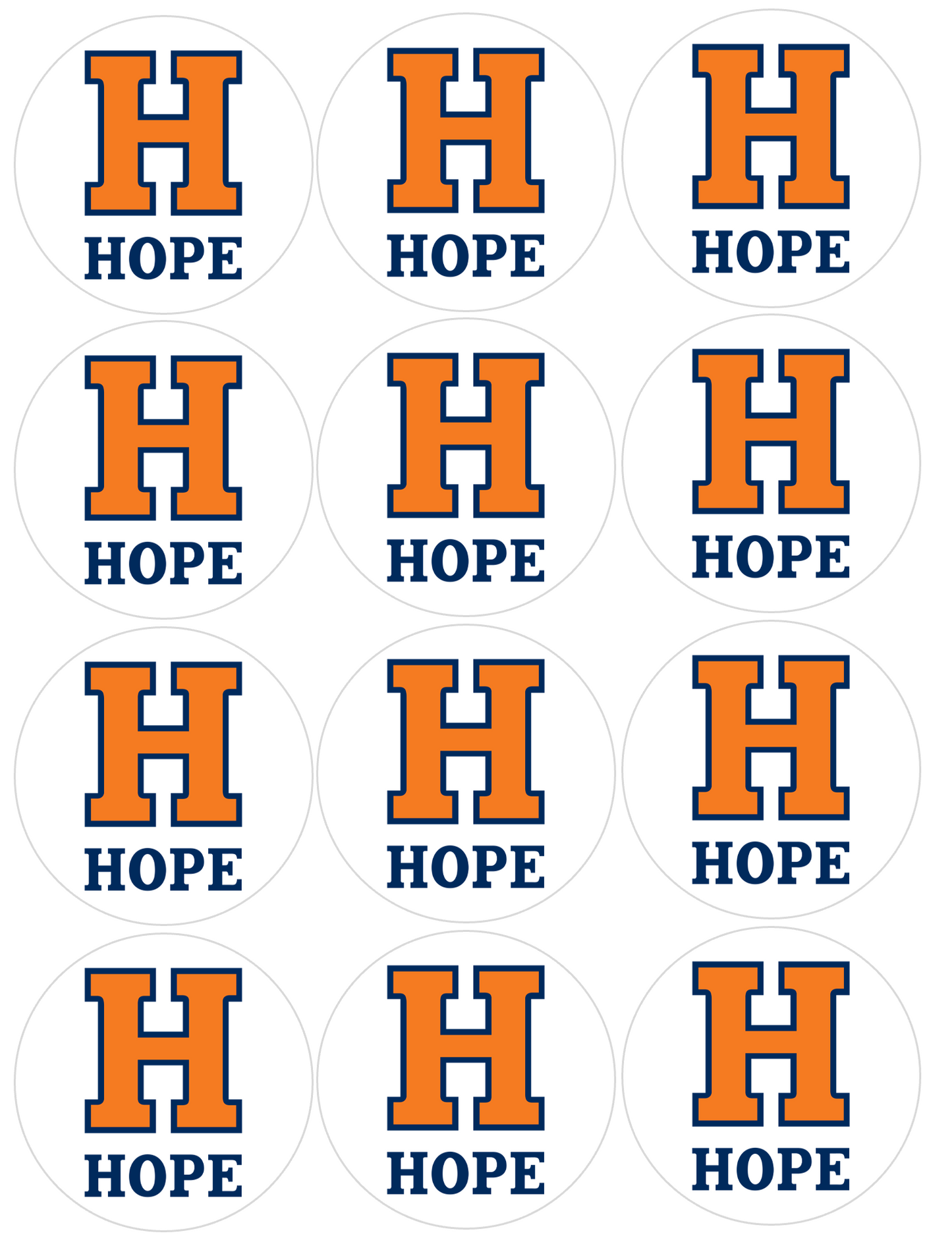 Set of 12 "Hope College" pre cut edible image discs for desserts, choose your size