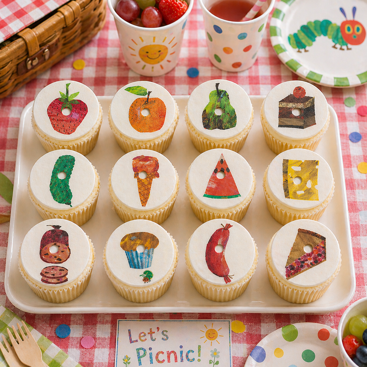 Set of 12 The Very Hungry Caterpillar edible images rounds for desserts, pre cut, many sizes available