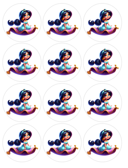 Set of 12 Princess Jasmine, pre cut edible image discs for desserts, choose your size
