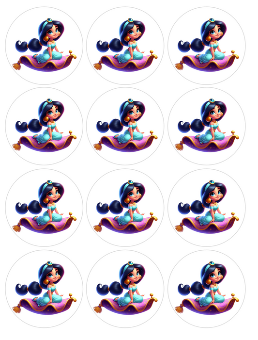 Set of 12 Princess Jasmine, pre cut edible image discs for desserts, choose your size