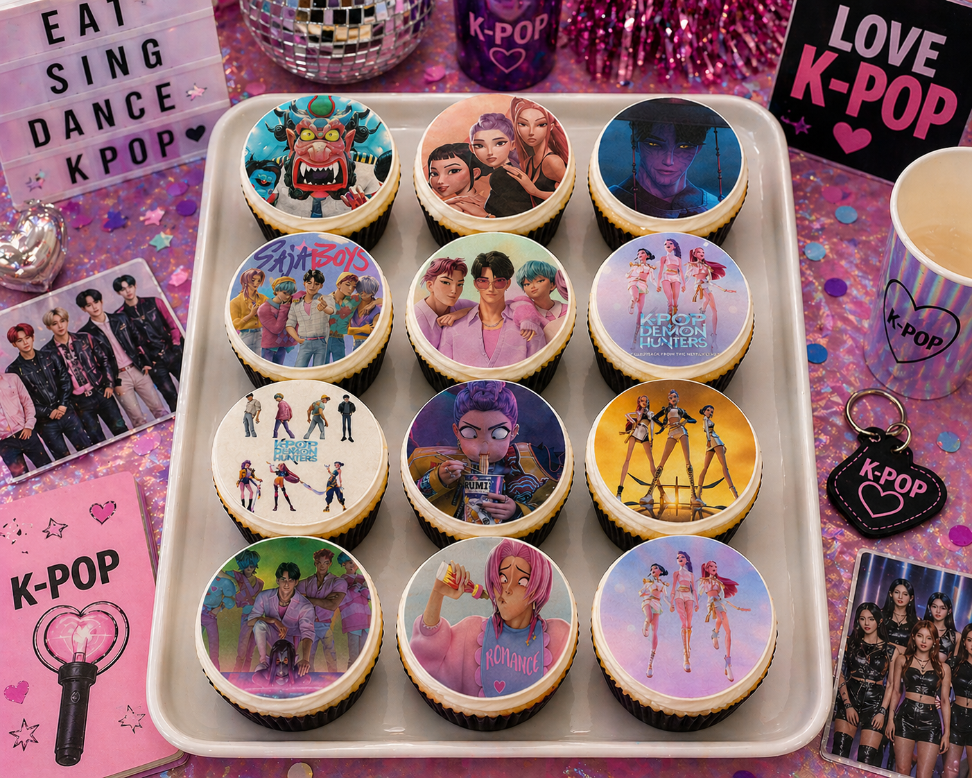 Set of 12 K pop Demon Hunter edible images rounds for desserts, pre cut, many sizes available