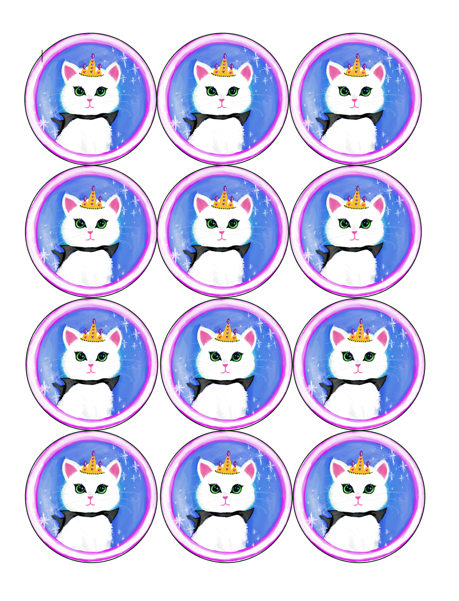 Set of 12 "Princess Kitten" pre cut edible image discs for desserts, drink toppers, choose your size