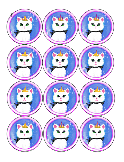 Set of 12 "Princess Kitten" pre cut edible image discs for desserts, drink toppers, choose your size