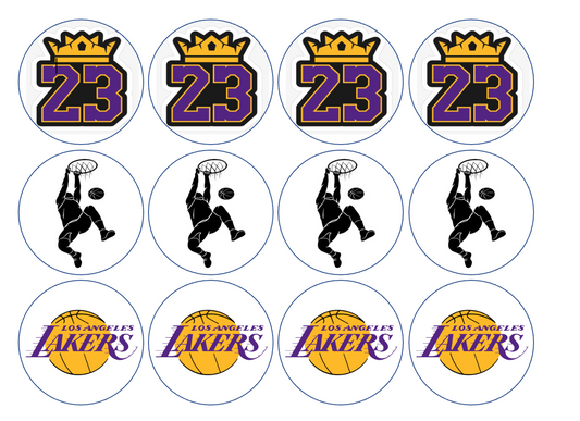 Set of 12 "LA Lakers" pre cut edible image rounds for desserts, drink toppers, choose your size