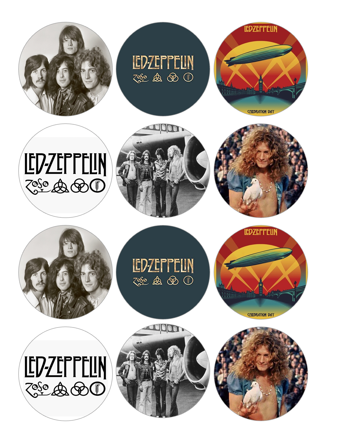 Set of 12 "Led Zeppelin" pre cut edible image discs for desserts, drink toppers, choose your size