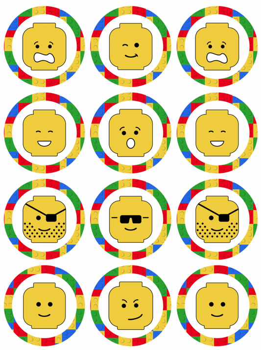 Set of 12 "lego" pre cut edible image rounds for desserts, drink toppers, choose your size