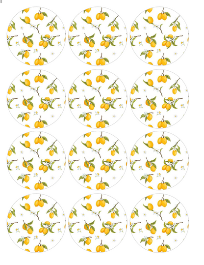 Set of 12 "Italian Lemons" pre cut edible image discs for desserts, choose your size
