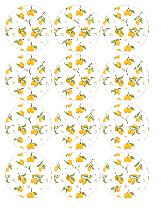 Set of 12 "Italian Lemons" pre cut edible image discs for desserts, choose your size