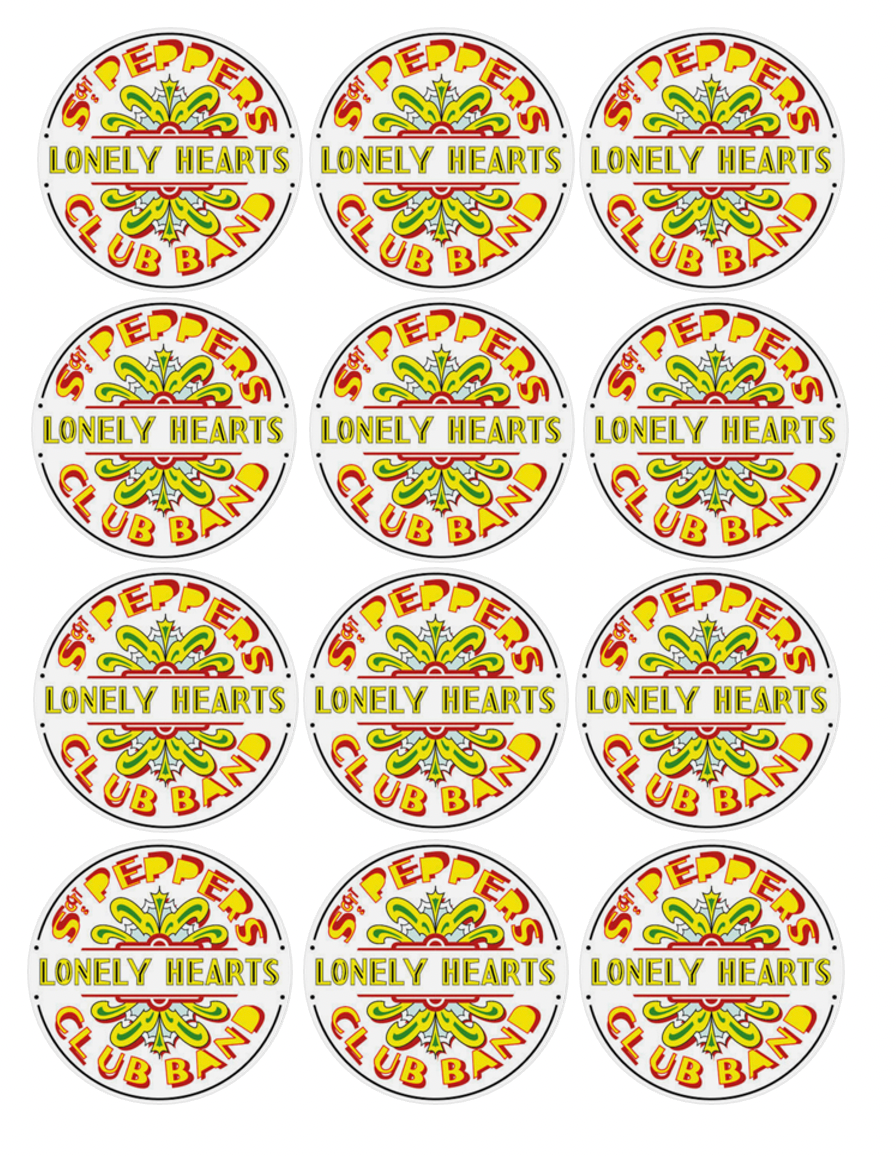 Set of 12 "Sgt. Peppers Lonely Hearts Club Band, Beatles" pre cut edible image discs for desserts, choose your size