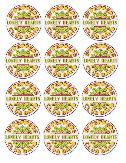Set of 12 "Sgt. Peppers Lonely Hearts Club Band, Beatles" pre cut edible image discs for desserts, choose your size