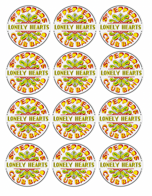 Set of 12 "Sgt. Peppers Lonely Hearts Club Band, Beatles" pre cut edible image discs for desserts, choose your size