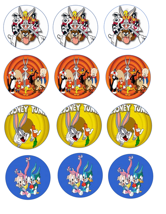 Set of 12 "Looney Tunes" pre cut edible image discs for desserts, drink toppers, choose your size