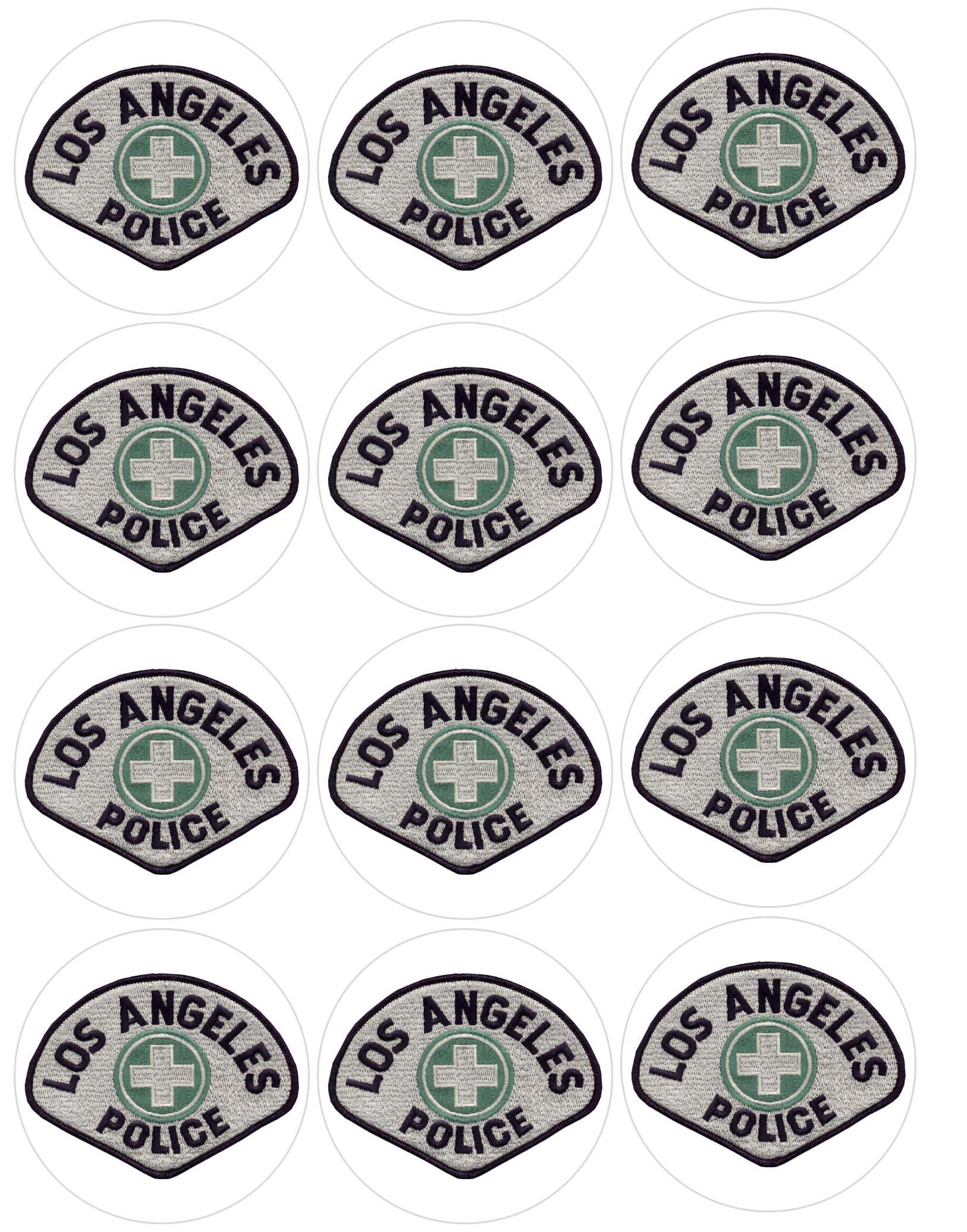 Set of 12 "LA Los Angeles Police Department" pre cut edible image discs for desserts, choose your size