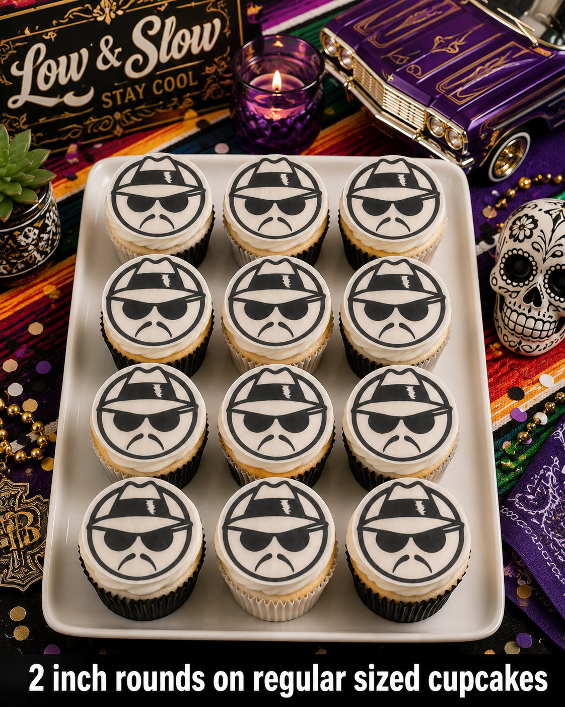 Set of 12 Mexican Lowrider edible images rounds for desserts, pre cut, many sizes available