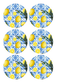 Set of 12 "Lemons and Blue Majolica Tiles" pre cut edible image discs for desserts, choose your size