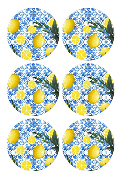 Set of 12 "Lemons and Blue Majolica Tiles" pre cut edible image discs for desserts, choose your size
