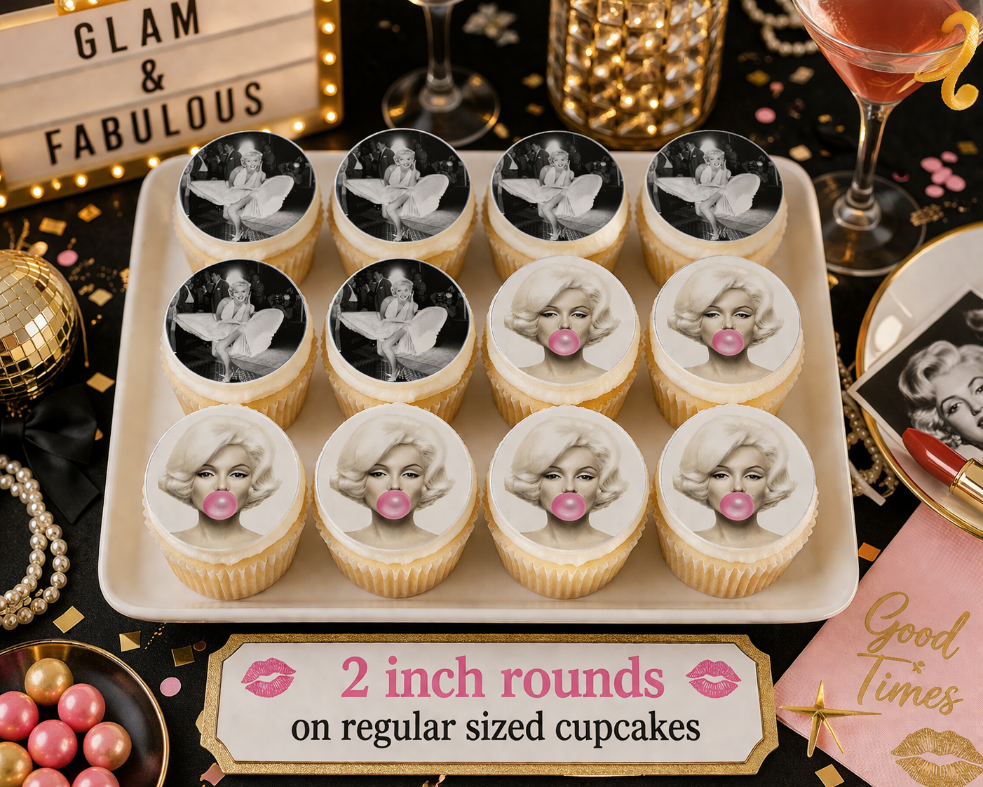 Set of 12 Marilyn Monroe edible images rounds for desserts, pre cut, many sizes available