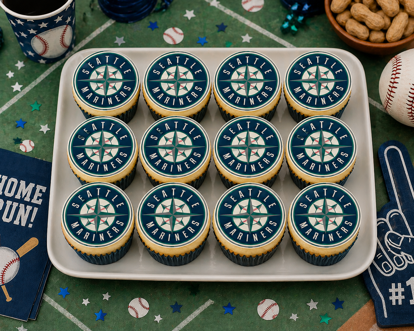 Set of 12 Seattle Mariners edible images rounds for desserts, pre cut, many sizes available