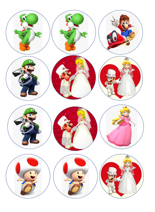 Set of 12 "super Mario wedding" pre cut edible image discs for desserts, drink toppers, choose your size