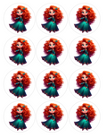 Set of 12 Princess Merida, pre cut edible image discs for desserts, choose your size