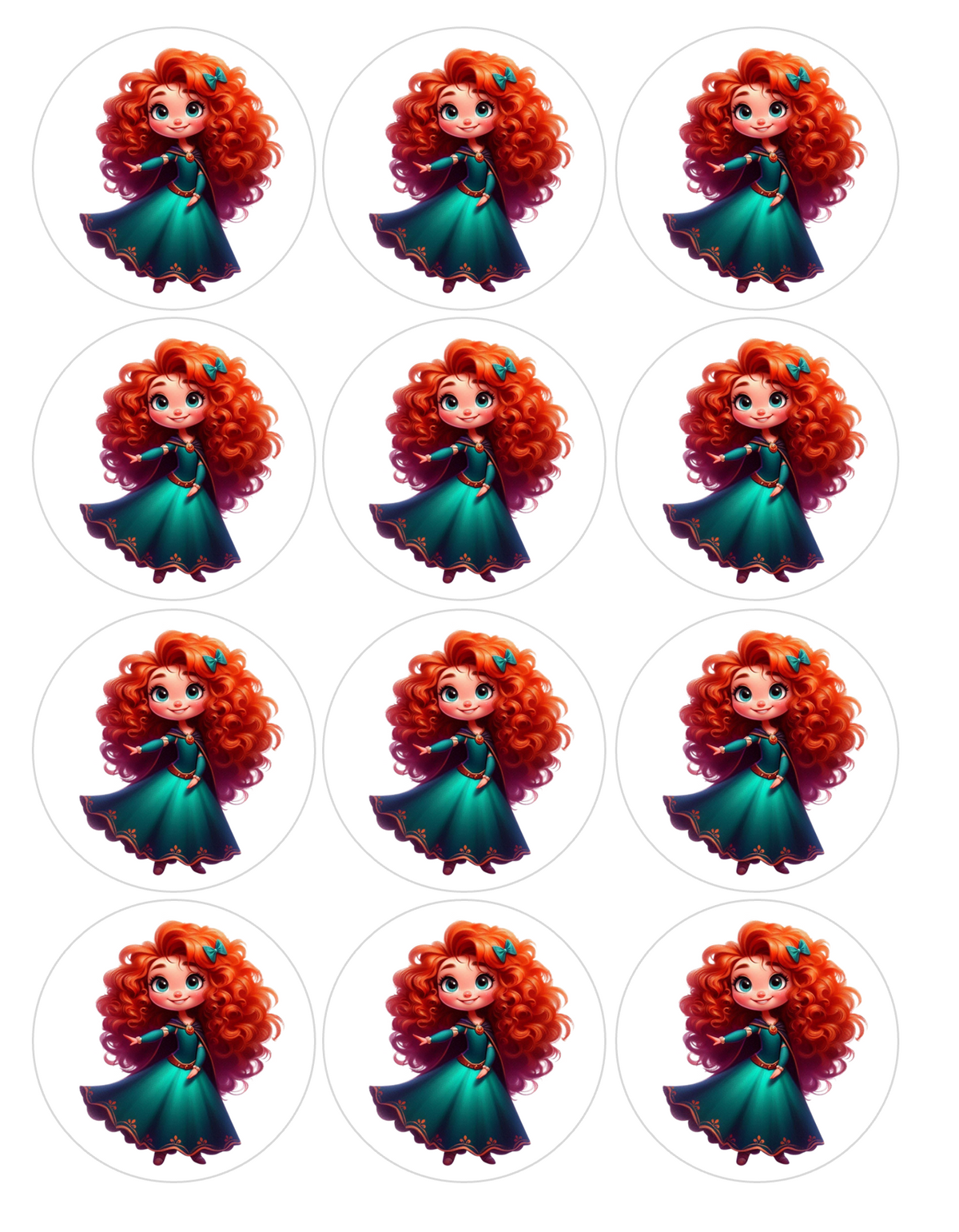 Set of 12 Princess Merida, pre cut edible image discs for desserts, choose your size