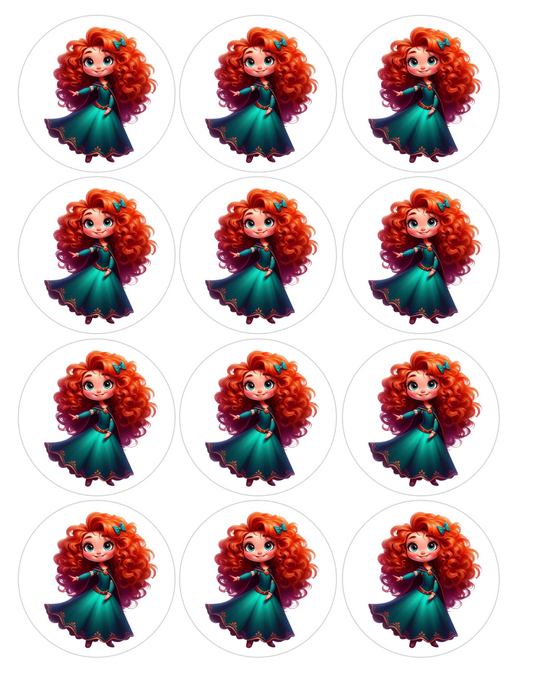 Set of 12 Princess Merida, pre cut edible image discs for desserts, choose your size