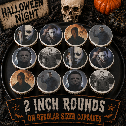 Set of 12 Halloween Michael Myers edible images rounds for desserts, pre cut, many sizes available