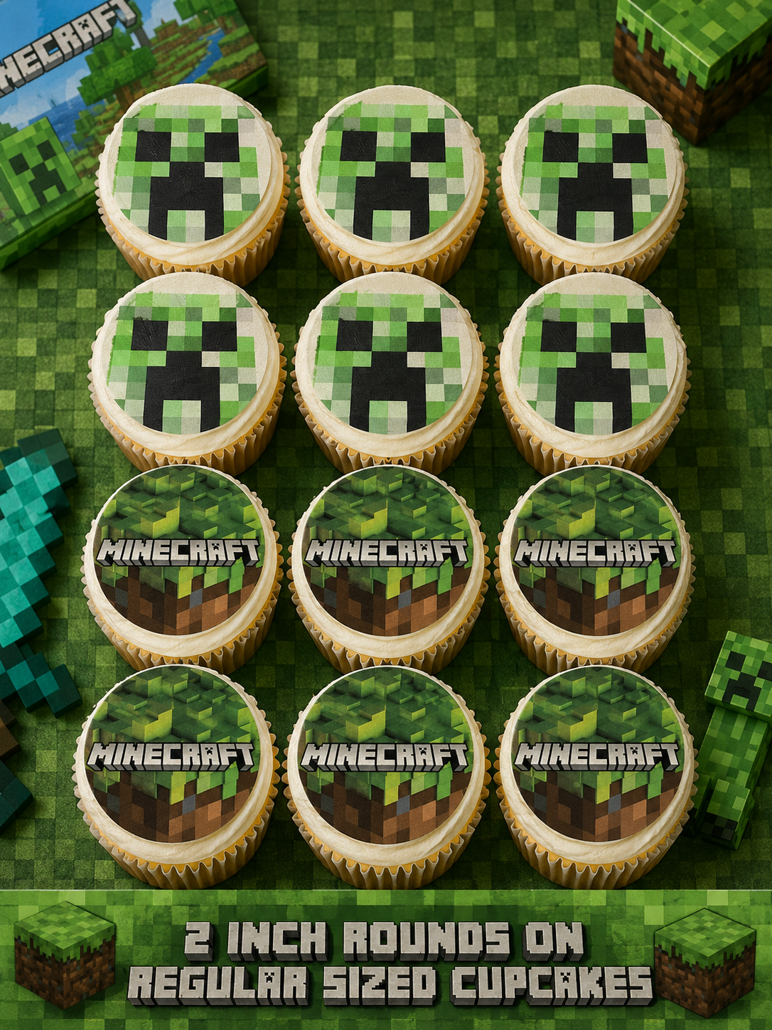 Set of 12 Minecraft edible images rounds for desserts, pre cut, many sizes available