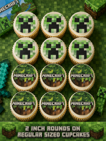 Set of 12 Minecraft edible images rounds for desserts, pre cut, many sizes available