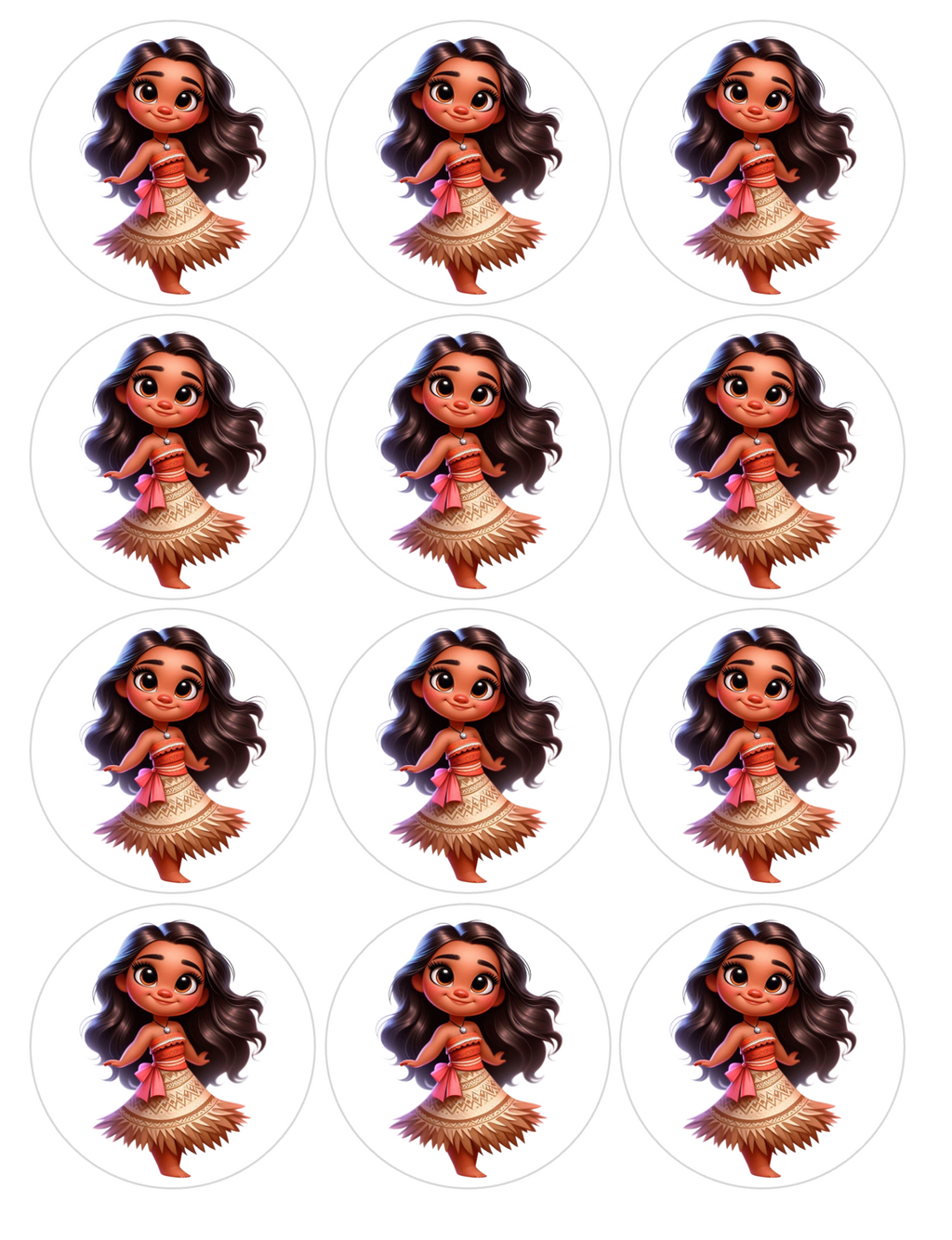 Set of 12 Moana pre cut edible image discs for desserts, choose your size