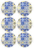 Set of 12 "Blue and Yellow Majolica Tiles" pre cut edible image discs for desserts, choose your size