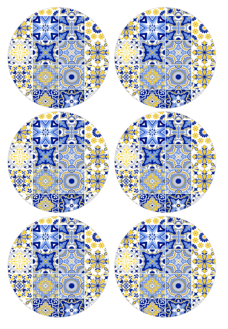 Set of 12 "Blue and Yellow Majolica Tiles" pre cut edible image discs for desserts, choose your size