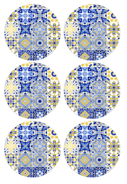 Set of 12 "Blue and Yellow Majolica Tiles" pre cut edible image discs for desserts, choose your size