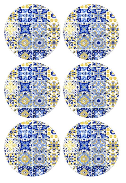 Set of 12 "Blue and Yellow Majolica Tiles" pre cut edible image discs for desserts, choose your size