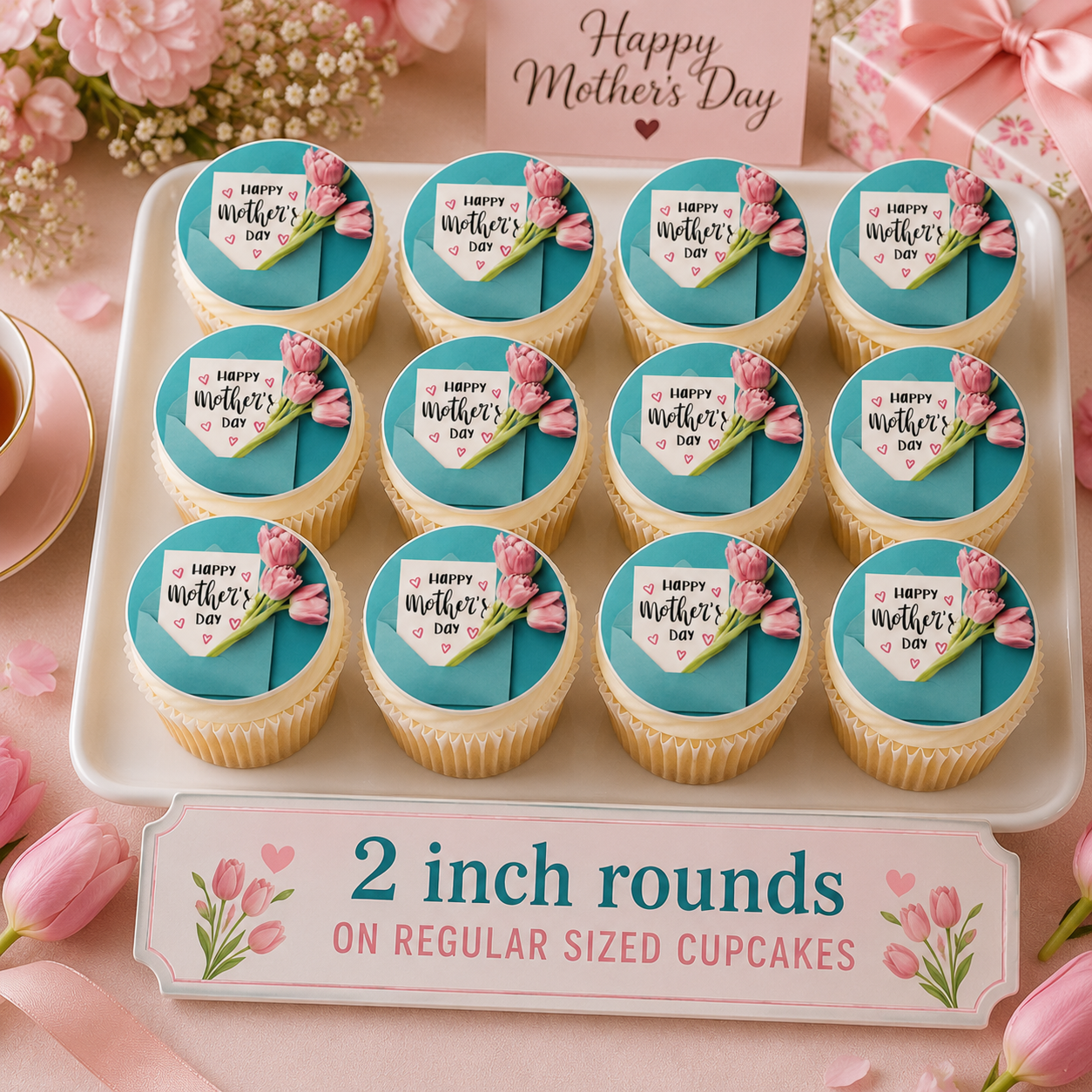 Set of 12 Mothers Day edible images rounds for desserts, pre cut, many sizes available