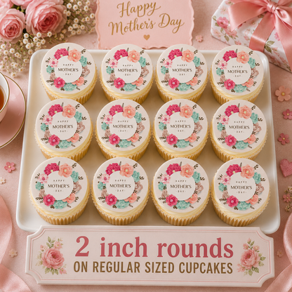 Set of 12 Mothers Day edible images rounds for desserts, pre cut, many sizes available