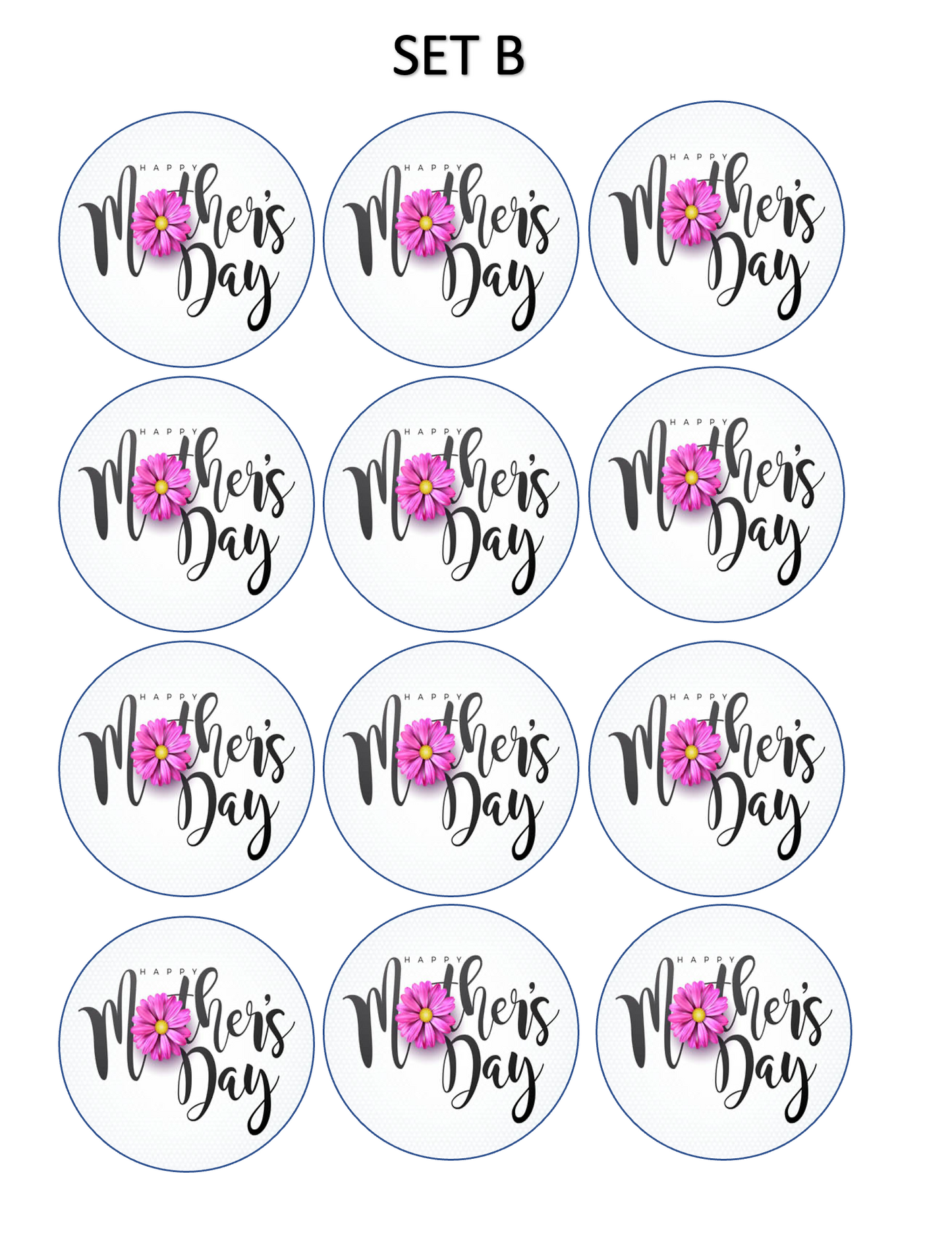 Set of 12 "Mothers Day" pre cut edible image rounds, many sizes to choose from