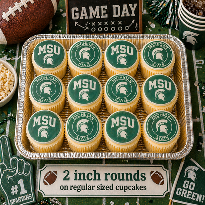 Set of 12 MSU Michigan State Spartans edible images rounds for desserts, pre cut, many sizes available