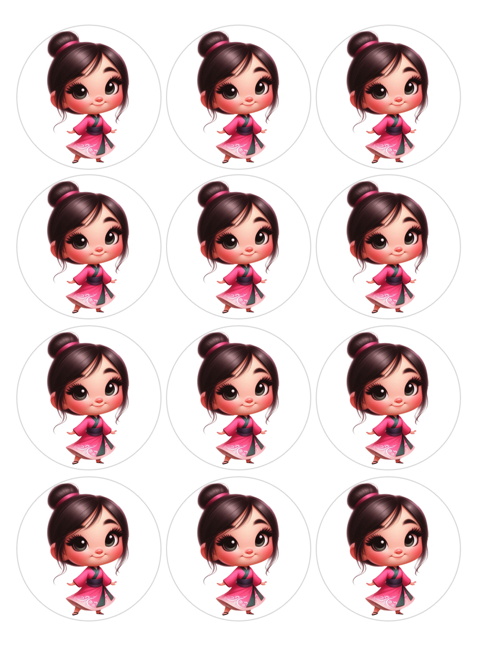 Set of 12 Princess Mulan, pre cut edible image discs for desserts, choose your size