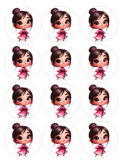 Set of 12 Princess Mulan, pre cut edible image discs for desserts, choose your size
