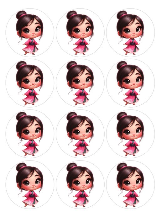 Set of 12 Princess Mulan, pre cut edible image discs for desserts, choose your size