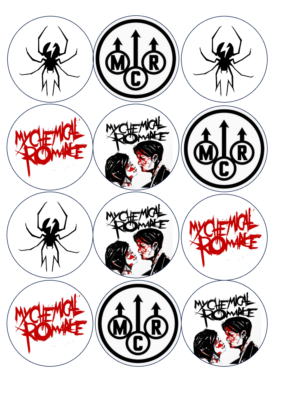 Set of 12 "my chemical romance" pre cut edible image discs for desserts, drink toppers, choose your size