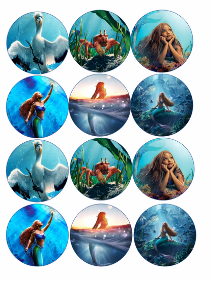 Set of 12 "Live action Little Mermaid" pre cut edible image discs for desserts, drink toppers, choose your size