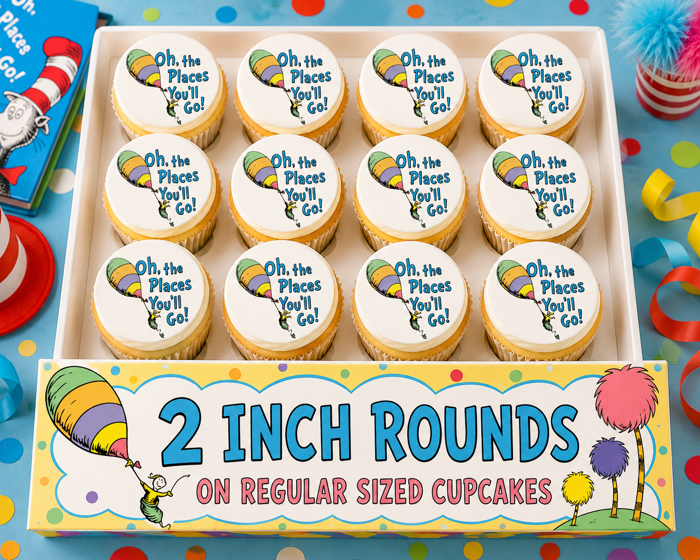 Set of 12 Dr. Seuss Oh the Places You'll Go edible images rounds for desserts, pre cut, many sizes available