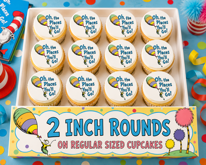 Set of 12 Dr. Seuss Oh the Places You'll Go edible images rounds for desserts, pre cut, many sizes available