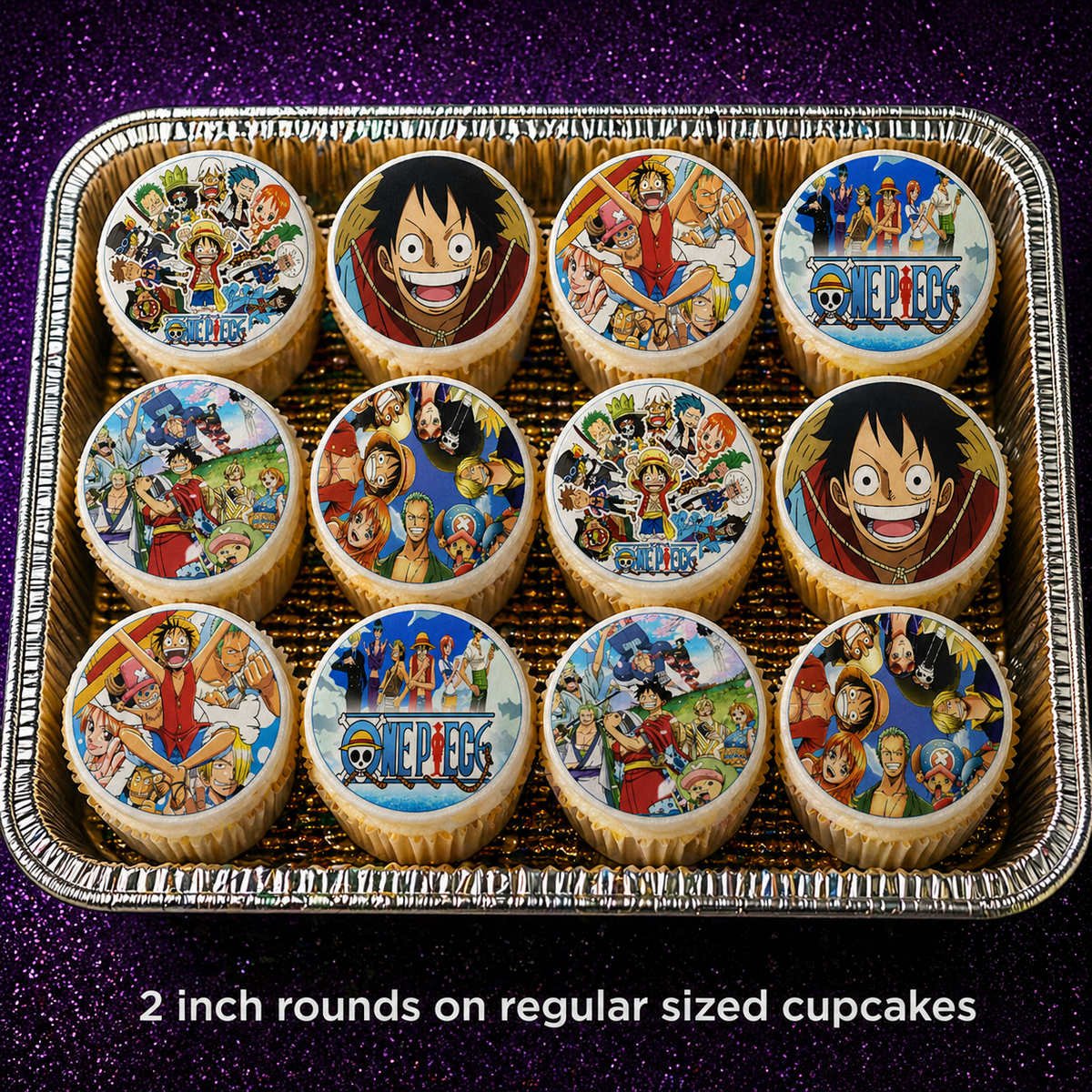 Set of 12 "One Piece" pre cut edible image discs for desserts, choose your size