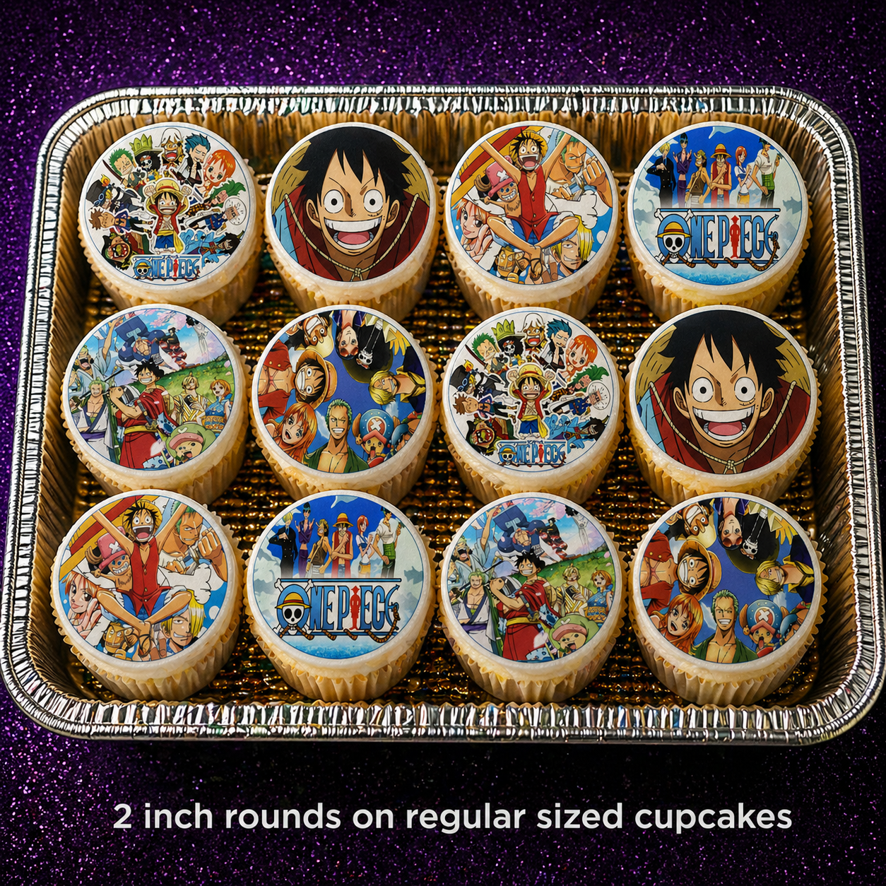 Set of 12 "One Piece" pre cut edible image discs for desserts, choose your size